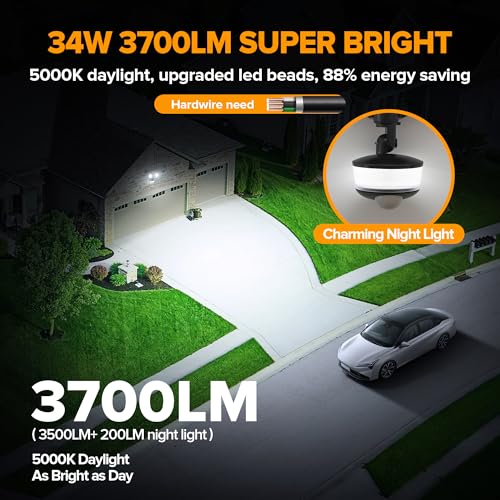 Image of LUTEC 34W 3700 Lumen LED Security Light Motion Sensor Outdoor Lights with Night Light, 5000K Daylight, IP65 Waterproof, Dusk to Dawn, Hardwired Motion Detector Flood Light for Garage, Yard-Black