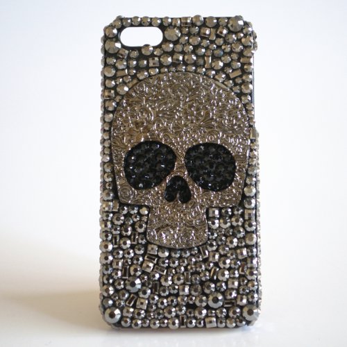 FancyG Elegant Luxury Handmade Bling Metalic Style Rhinestone Crystals Metal Skull Face Plate Black Back Cover Case for iPhone 5s iPhone 5 Very Cool and Unqiue