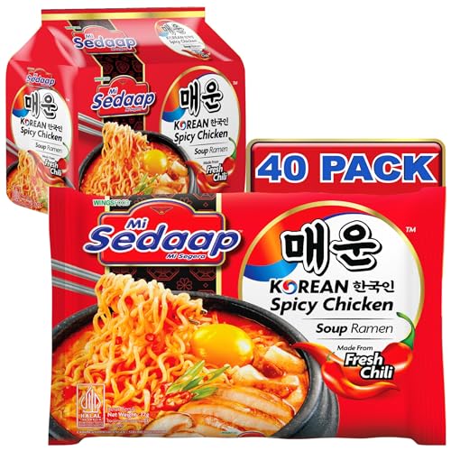 Korean Spicy Ramen Noodles, Pack of 40— Mi Sedaap Chicken Flavored Soup Packet