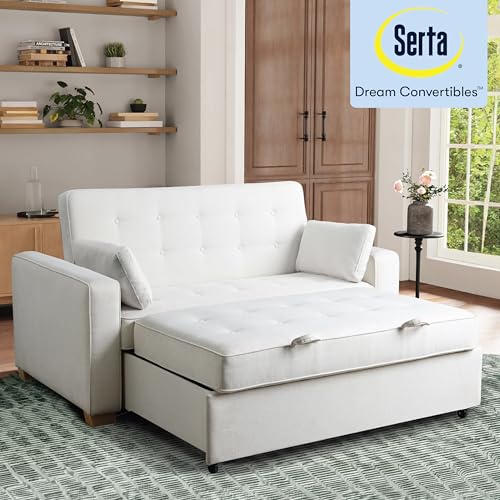 Image of Serta Ainsley Convertible Loveseat Sleeper Sofa - 3-in-1 Loveseat, Lounger & Queen-Size Sofa Bed, Pull-Out Sleeper Couch with DreamCoils, Easy Assembly, Oyster Fabric