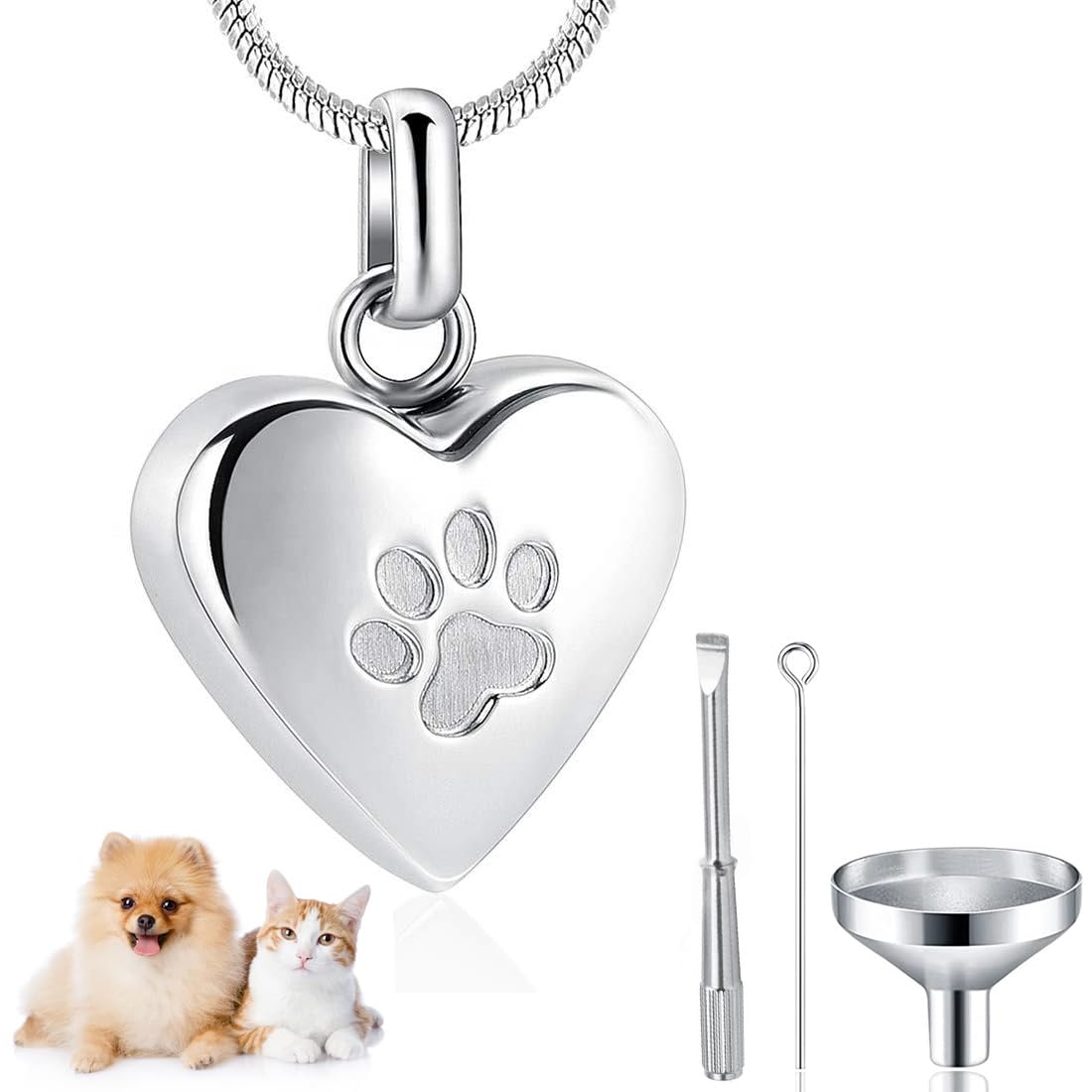 Gioielli Cremazione Animali Domestici Ceneri Ciondolo Stampa Zampa Animali Domestici Collana con Urna Forma Cuore Gioielli Commemorativi per Ceneri di Animali Domestici/Cane/Gatto（Argento）