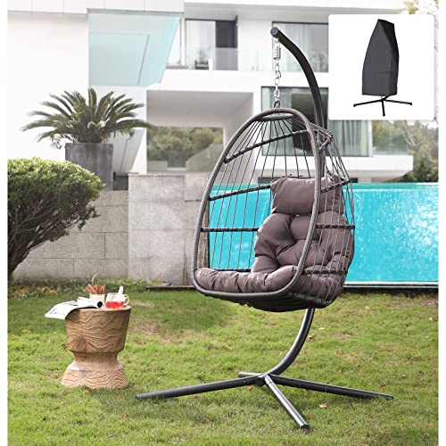 Patiorama PA-44 Indoor Outdoor Egg Swing Chair With Stand, Patio Grey Wicker Rattan Hanging Chair With Rope Back, Cushion,Cover,All Weather Foldable Hammock Chair cover