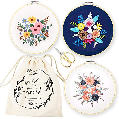 Embroidery Kit for Beginners 3 Set DIY Craft for Adults Pattern Stamped Fabric with Bamboo Hoops Thread Needles Thimble Gold Scissors, Cross Stitch Gift for Women Starter Sewing Arts and Crafts Kit
