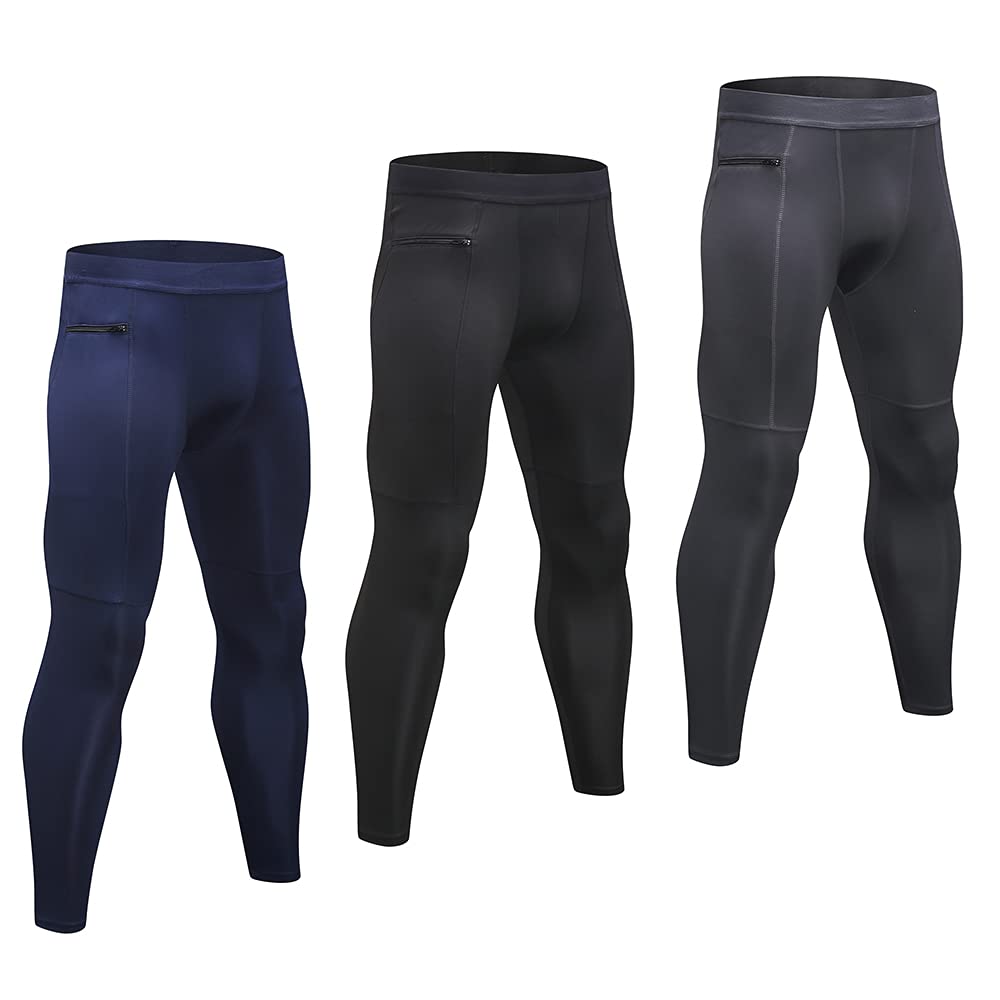 belity 3 Pack Men Compression Pants Stretchable Bodycon Moisture-Wicking Quick Dry Zipper Pocket Running Tights Workout Leggings Sportswear-picture-34
