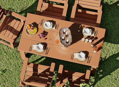 Image of GREENVINES 7-Piece Outdoor Dining Set | HDPE | Patio Table and Chairs Sets for 6 | Patio Furniture | All Weather | Umbrella Hole | Teak | for Backyard Poolside Garden