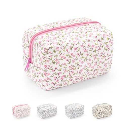 Small Makeup Bag, Cotton Portable Toiletry Bag, Quilted Floral Cosmetic Bag Wash Organizer Pouch for Women Girls Ladies (Pink)