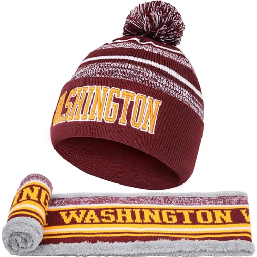 Washington Winter Beanie Hat Circle Scarf Set Warm Football Knit Beanie Hat Neck Warmer Scarves Stylish Pom Pom Beanie Cap Winter Gifts for Sport Fans with Stickers