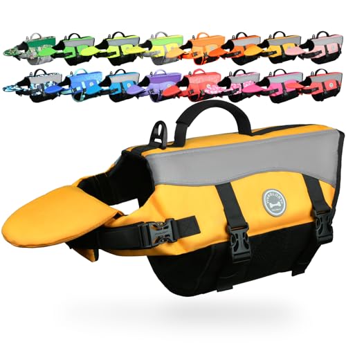 Image of VIVAGLORY Dog Life Vest Front Float Dog Swim Vest, M, Yellow | Life Jacket with Chin Float & Handle for Swimming & Boating, High Visibility Adjustable for Doggy Cat Puppy