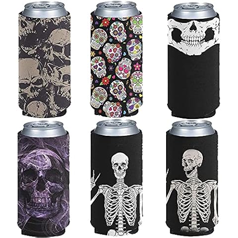 Jeiento Cool Skull Can Sleeves,Insulated Beer Can Sleeve Covers Easy-On Can Cooler Set of 6 Machine Washable, Durable, Neoprene with Stitched Fabric Edges Cover