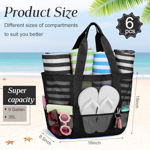 Image of Hillban Large Beach Mesh Bags Bulk for Women Beach Tote Bag with 8 Pocket Zipper Waterproof Sandproof for Pool Cruise Ship