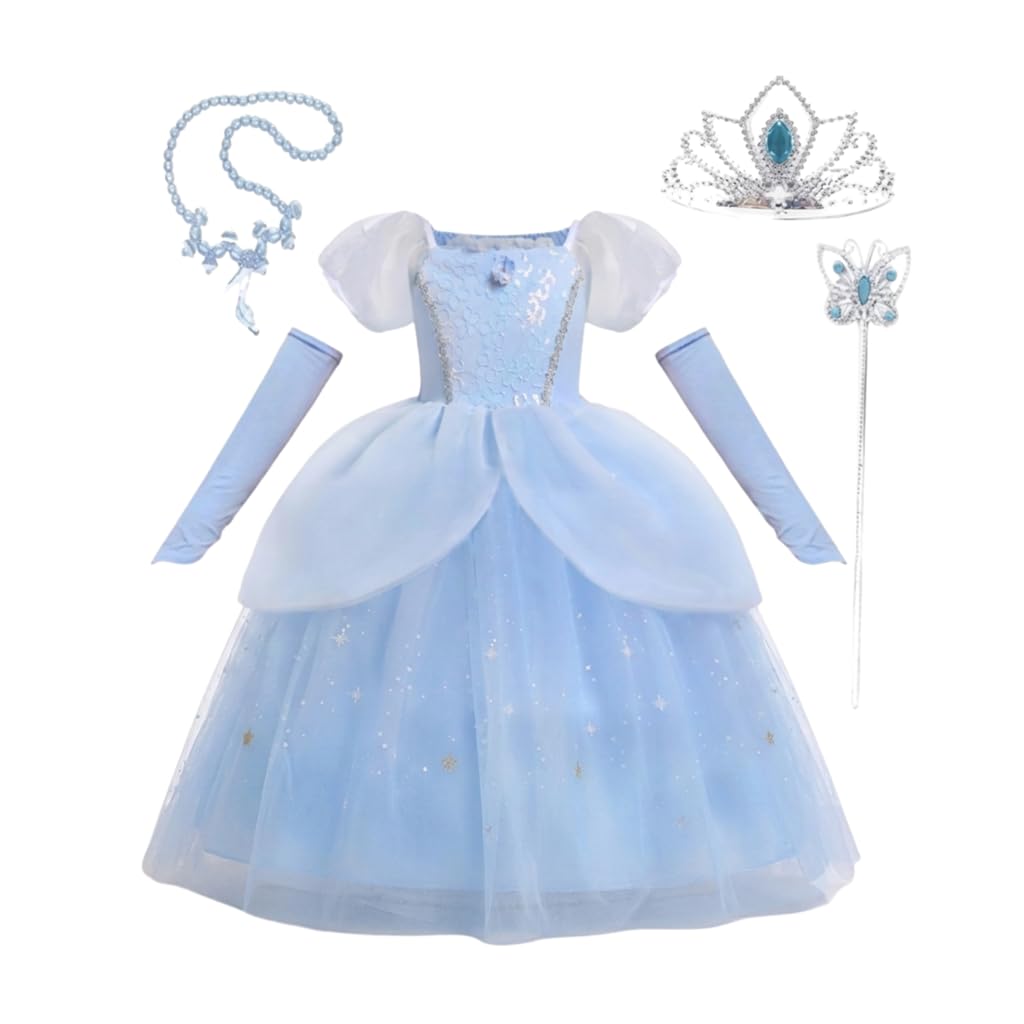 Lito Angels Prinzessin Blaue Märchenprinzessin Kostüm Kleid Verkleidung mit Handschuhen für Mädchen Kinder, Größe 12 Monate - 9 Jahre, Blau