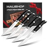 HAUSHOF Steak Knives Set of 4, German Stainless Steel Premium Serrated Steak Knife Set with Gift Box, Full Tang Design with Ergonomic Handle, Gifts Knife Set for Dad, Mom, Husband and Wife