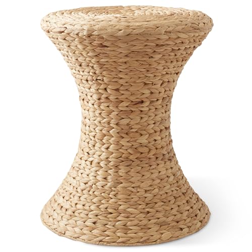 Casafield Hourglass Side Table, Natural, Water Hyacinth Round End Table, Boho Woven Wicker Accent for Bedroom, Living Room, Office, Entryway