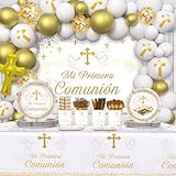 281 Pcs Mi Primera Comunion Decorations Baptism Decorations Includes Plates, Cup, Napkin, Tablecloth, First Communion White and Gold Baptism Themed Balloons Disposable Tableware Serve 24 Guests