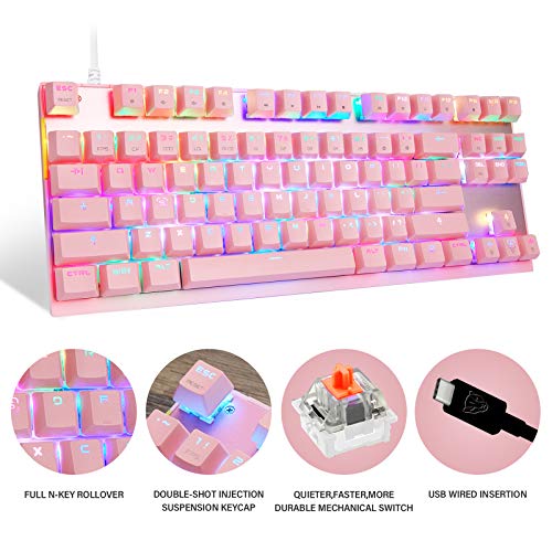 MOTOSPEED Professional Gaming Mechanical Keyboard RGB Rainbow Backlit 87 Keys Illuminated Computer USB Gaming Keyboard for Mac & PC Pink - Thumbnail 4