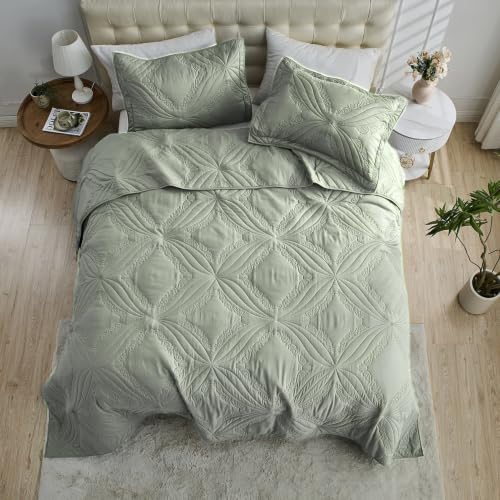Image of Kingnex Oversized King Bedspreads 128x120 Ultrasonic Quilted Sage | Extra Wide Coverlet for Tall Split King Adjustable Bed or Cal King Size, 3 Piece Include 1 Quilt, 2 King Size Pillowcases