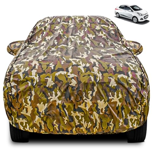 Image of FABTEC Car Body Cover for Hyundai Xcent Jungle Print with Soft Cotton Lining Waterproof Car Cover UV & Rain Protection with Mirror Pocket Bottom Elastic (Military /Camouflage Pattern)