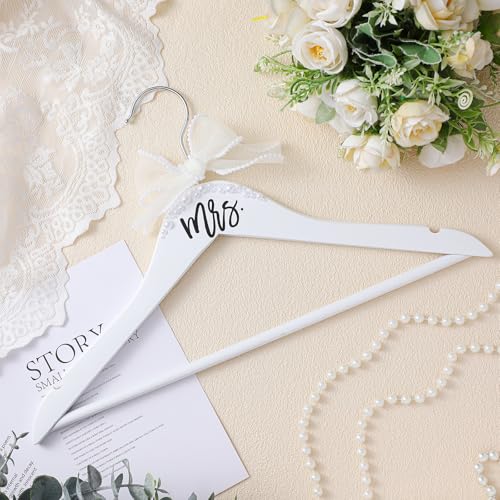 Yuntau Bride Wedding Dress Pearl Mrs. Hanger with Pearl Ribbon Bow Elegant Wooden Dress Hanger to Be Ideal Keepsake for Wedding Day Gift(White,Mrs)