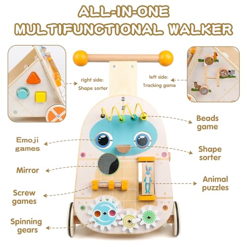 Canuan Wooden Baby Walker, Adjustable Speed Push and Pull Learning Activity Walker, Toddler Push Walker Activity Center Toys with 7 Educational Activities for Boys Girls 1 2 3 Year Old