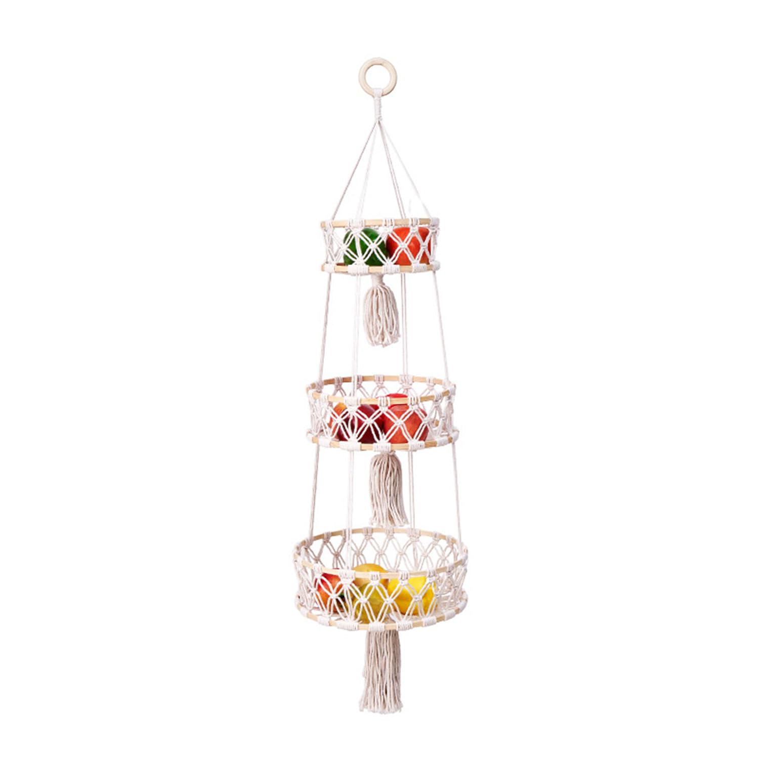 Cestino da Appendere in Macramè, Cesto Per Frutta da Appendere, Cesto da Parete 3 Livelli, Stile Bohemien Cestini Portaoggetti da Parete, Adatto Per Cucina, Soggiorno, Bagno