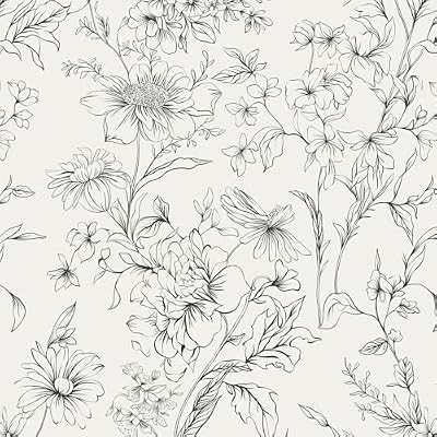 Hopepak Black and Cream White Wallpaper Floral Peel and Stick Wallpaper 17.3''x78.7'' Self Adhesive Removable Vintage Wall Paper for Bedroom Flower Boho Contact Paper for Cabinets Drawers Vinyl