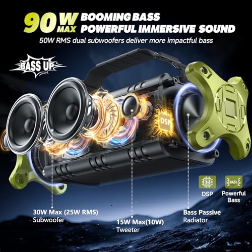 Portable Speakers Bluetooth Wireless, 90W Max Loud Outdoor Speaker with 50W Deep Bass, Boombox Sound, IPX6 Waterproof, 40H, EQ, Dual Pairing, Subwoofer *2, TF, Large Speaker for Beach/Garage/Jobsite