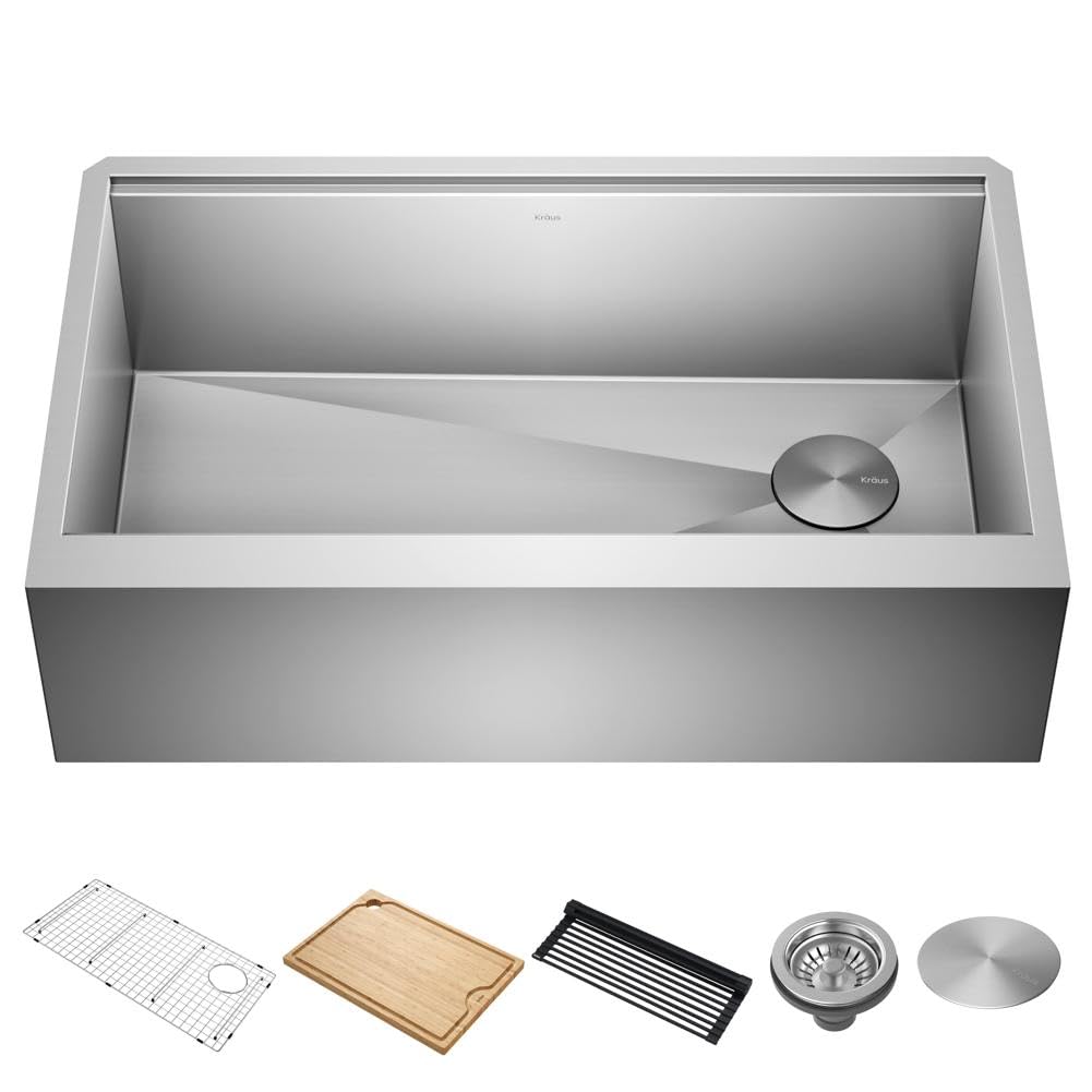 KRAUS KWF410-33 Kore Workstation 33-inch Farmhouse Flat Apron Front 16 Gauge Single Bowl Stainless Steel Kitchen Sink with Integrated Ledge and Accessories (Pack of 5)