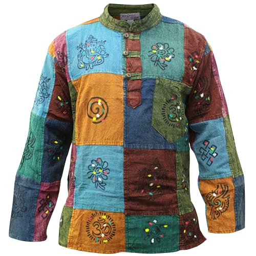 SHOPOHOLIC FASHION Hecha Mano Festival Manga Larga Hippie Lavada Piedra Patchwork Raya Camisa Abuelo pour Hombre, 2XL