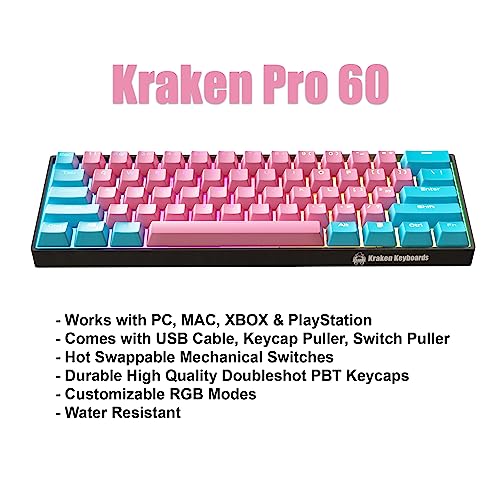 Kraken Keyboards Cotton Candy Edition Kraken Pro 60 | Blue & Pink 60% Hot Swappable Mechanical Gaming Keyboard For Gaming On Pc, Mac, Xbox And Playstation (Cotton Candy | Silver Switches) #TOP1