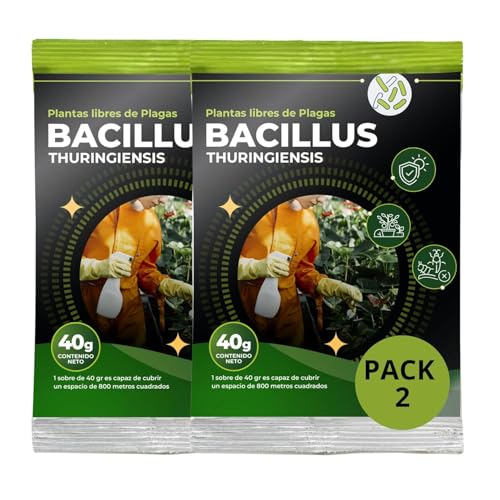 TRABE Pack 2 Bacillus Thuringiensis 40g | Protección 1600 m² contra Orugas Ecológico | Protege Todo Tipo de Cultivos y Plantas de Plagas | Respeta Animales, Medio Ambiente y Personas