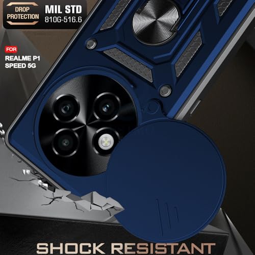 Image of AESTMO Tough Armor Realme P1 Speed Bumper Back Case Cover | Ring Holder & Sliding Camera Shield Cover | 360 Degree Protection Back Case Cover for Realme P1 Speed (Blue)