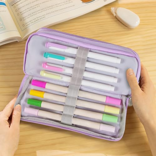 Image of MAMUNU Large Capacity Pencil Case, 3 Compartments Canvas Pencil Pouch with Zipper, Aesthetic Pencil Bag Pen Pouch for School Office Students Teen Girls Boys, Purple