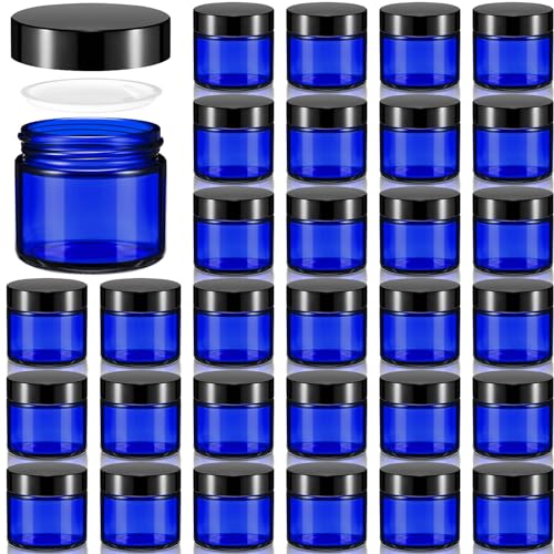 Domensi 32 Pcs 2 oz Glass Jars with Lids Travel Size Round Leakproof Empty Cosmetic Jars with Inner Liners Lid for Storing Makeup Lotions Face Cream Ointments DIY Making (Royal Blue)