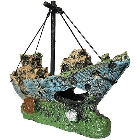 SLOME Aquarium Harz Boot Ornament - Aquarium Schiffbruch Dekorationen versunkene Schiff Ornament, Aquarium Ornament für Süßwasser Salzwasser-Tank Cover