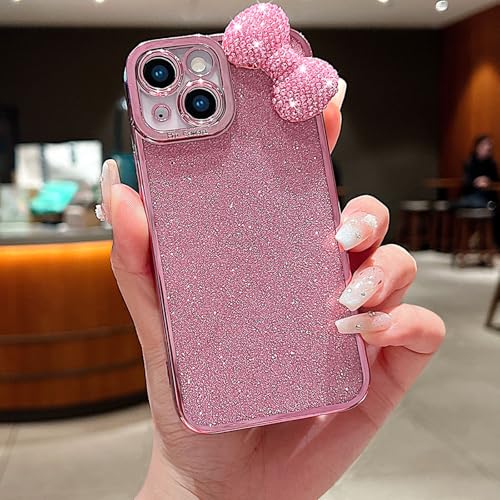wzjgzdly Cute Bow Case for iPhone 6 Plus, iPhone 6s Plus, Bling Sparkly Rhinestone 3D Bowknot, Luxury Plating Slim Soft Protective Shockproof Cover for Women Girls Kids - Pink