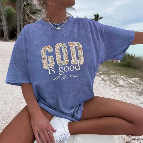 Image of Christian God is Good Shirts for Women Jesus Faith Religious T Shirts Floral Graphic Oversized Acid Washed Tee Tops