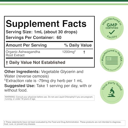 Ashwagandha Organic Drops for Stress Relief (1,200mg, 60 Servings) Ashwagandha Tincture for Adrenal Support and Cortisol Manager (Vegan Safe, Gluten Free, Non-GMO) by Double Wood