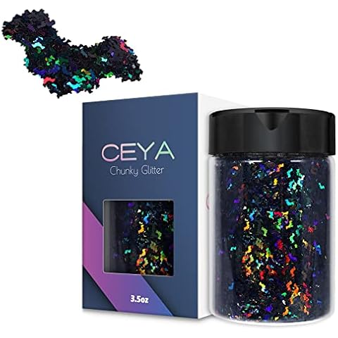 Ceya Holographic Bat 5mm Confetti Glitter, 4.4oz/ 125g Laser Black Chunky Glitter Resin Sparkle Flakes Iridescent Halloween Nail Sequin for Crafts Tumblers, DIY Nail, Party Wedding Festival Decoration Cover