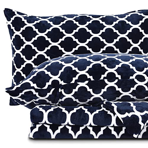 Microfiber Polar Fleece Sheets 4 Piece Queen Size Extra Warm Cozy Plush Milk Velvet Sheets, 100% Polyester Bed Sheet Set with Deep Pocket, Geometry Pattern Print (Queen, Navy Blue)