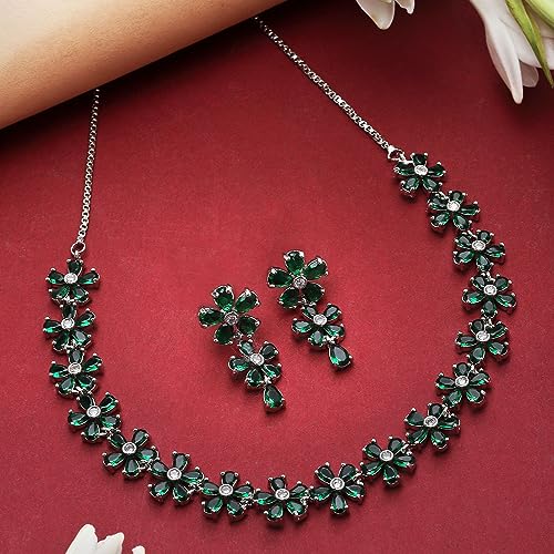 American Diamond Flower Jewellery Set (Green)