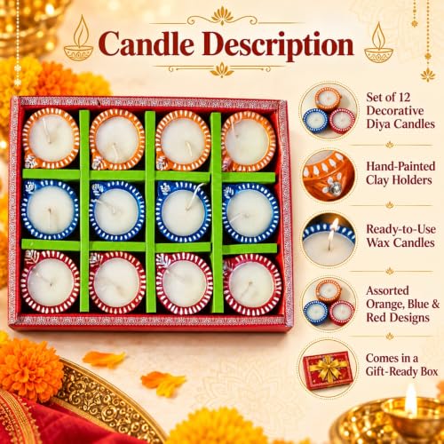 Image of Premium Laxmi Decorative Clay Diya Set of 12 | Handcrafted Colourful Mitti Diyas for Diwali