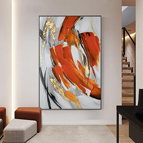 Tableau Peinture Huile Sur Toile, Art Abstrait Moderne Ligne De Texture Orange Embellissement De Feuille D'Or Oeuvre Minimaliste Peintures À L'Huile À La...