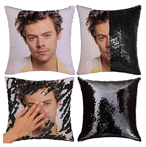 Harry-Style Pillow Covers Harry-Style Sequin Pillow Case Harry-Style Funny Gag Gifts Funny Harry-Style Magic Reversible Cushion Cover 16 x 16 inch (NO Pillow Insert) (Black)