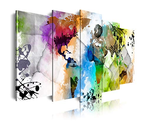 DekoArte 468 - Cuadros Modernos Impresión de Imagen Artística Digitalizada | Lienzo Decorativo para Tu Salón o Dormitorio | Estilo Mapamundi Mapa del Mundo Ciudades Acuarelas | 5 Piezas 200x100cm XXL