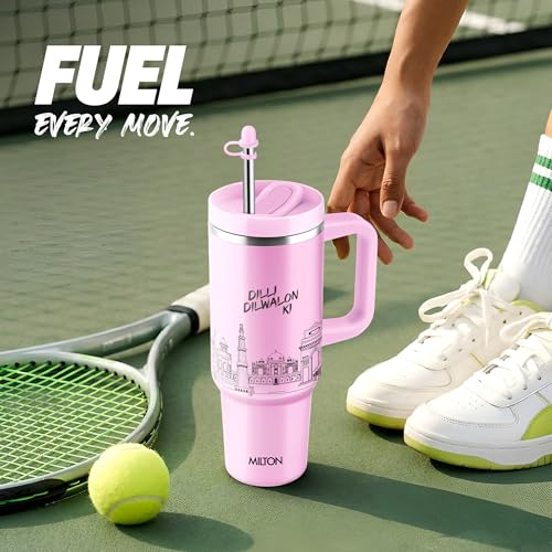 Image of MILTON Malmo 1200 Thermosteel Double Wall Vacuum Insulated Stainless Steel Tumbler with Handle 1100ml, Travel Mug with Straw,Silicon Cap,Cleaning Brush,Hot & Cold Beverage Flask,Delhi Pink