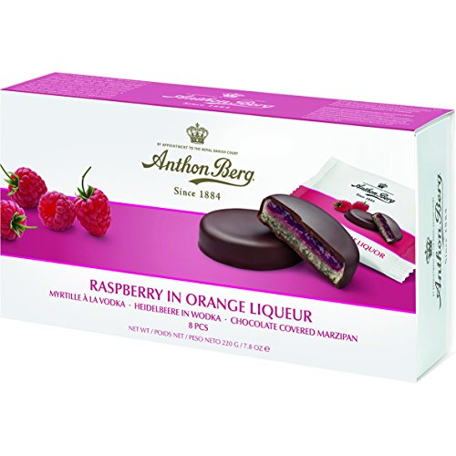 Pasta de mazapán con relleno y revestimiento de chocolate Anton Berg – frambuesa en naranja (8 unidades/220 g) Especialidad danesa