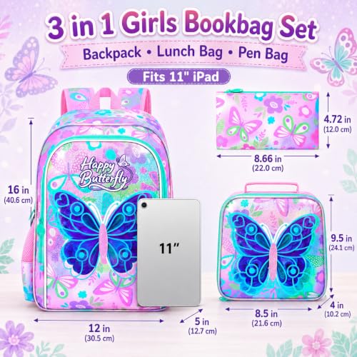 Image of CCJPX 3Pcs Butterfly Backpack, 16 inch Kids Girls Bookbag with Lunch Box, Water Resistant Elementary School Bag for Kindergarten Preschool Toddler (Pink)
