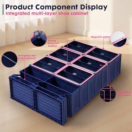 Image of Folding Shoe Rack Storage Device,Large Plastic Folding Shoe Cabinet, Easy to Assemble Shoe Rack Storage Cabinet with Transparent Door Magnetic Buckle(9Tiers,36Pairs) Blue and Pink