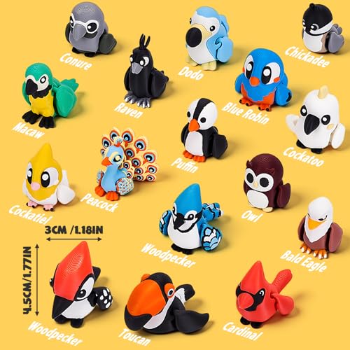 Image of 16pcs 3D Printed Animals Set Articulated Bird Toys Pinata Stuffers Goodie Bag Fillers Spring Bird Toys Pocket Pets Desk Pets Sensory Fidget Toys Gifts for Kids & Bird Lovers