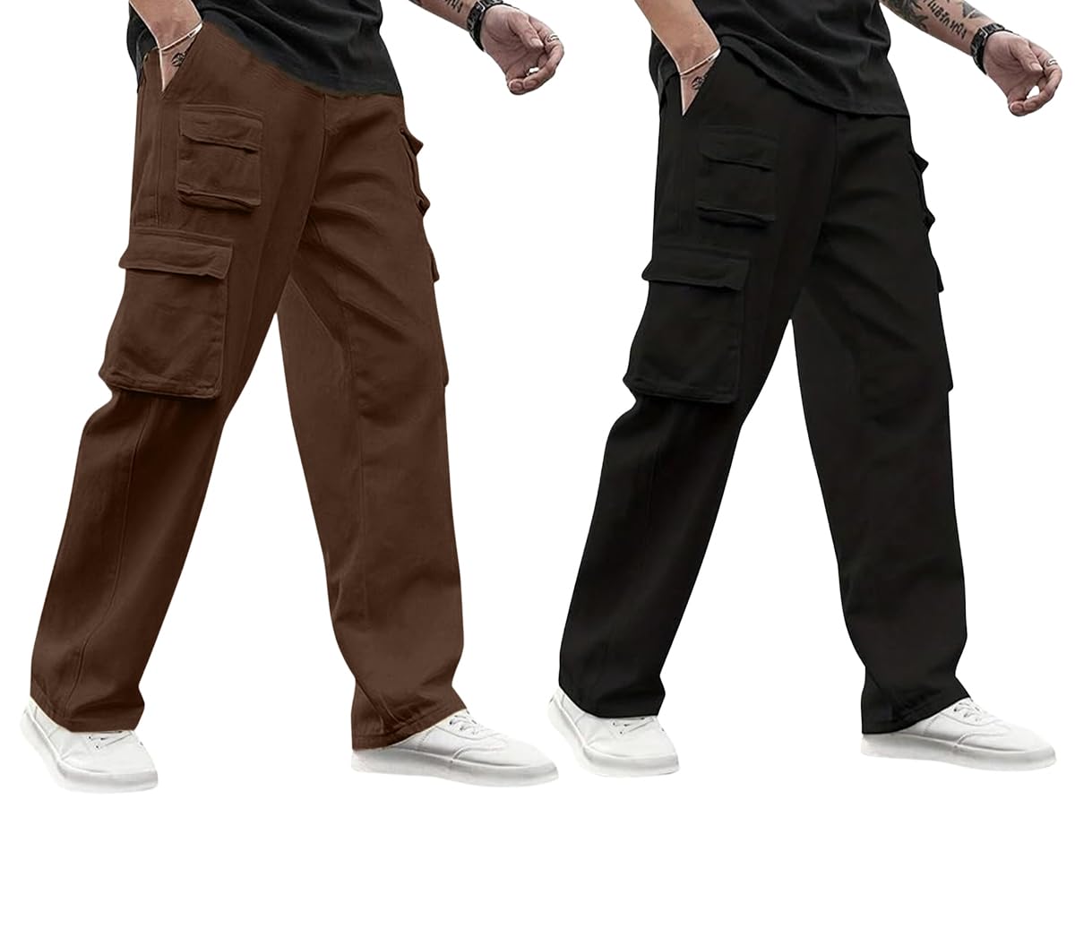 veirdo Pure Cotton Baggy Fit Regular Length Mid Rise Utility Pocket Cargos for Men (Colors Available: Black, Olive, Grey, Brown & Navy)-picture-11